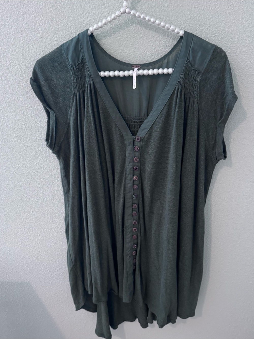 Free People Dark Green Button-Front V-Neck Women’s Top Tunic